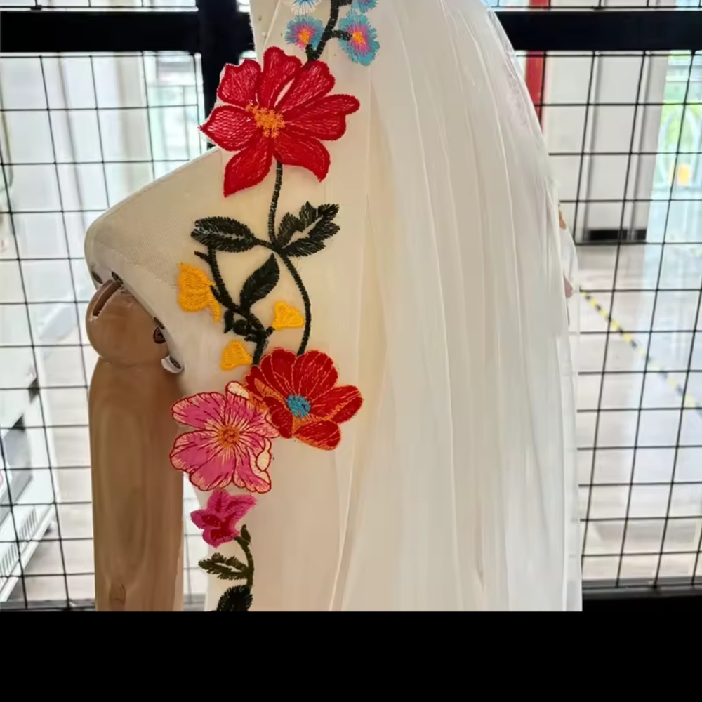 White Veil with Colorful 3D Floral Embroidery